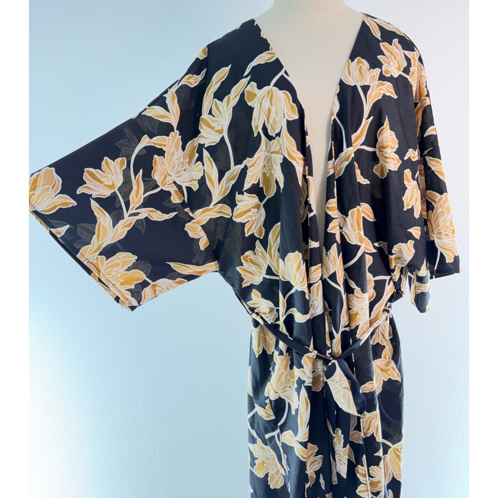 Maison Du Soir Kimono Maxi Robe Black Gold Floral Leaf Loungewear Resort L/XL - Picture 4 of 8